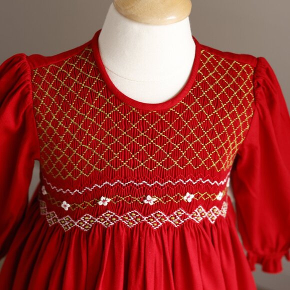 Red Smocked Dress Long Sleeve Green & White Embroidery 100% Cotton Bedford Cord - Picture 6 of 6